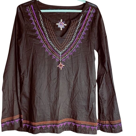 Prana Brown Boho Tunic Top Long Sleeve Embroidered Festival Hippie Style Sz M - Picture 1 of 5
